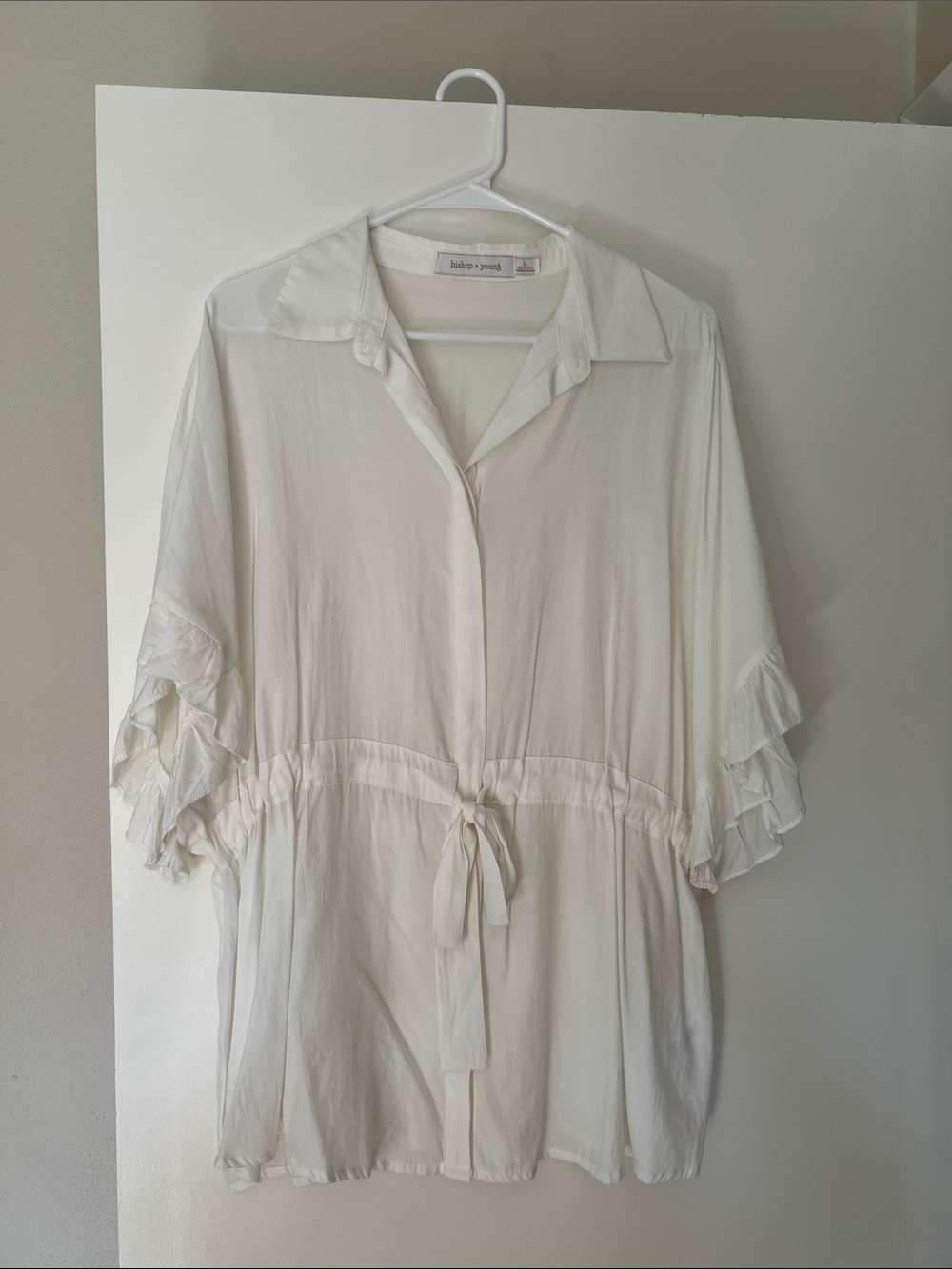 bishop + young Cream Button-Front Ruffle Sleeve Blouse